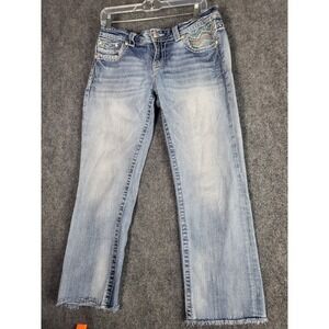 Miss Me Mid Rise Easy Cropped Jeans Women Sz 30 Rhinestone Blue Denim Western